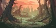 A strange and mysterious forest with a murky swamp. Trees, leaves, roots and other flora take strange and surreal shapes in this eerie jungle. AI Generative