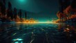 Neon glowing jungle and lake with glowing forest with water inside magical environment,  virtual reality world with Neon 3d Abstract Landscape inside Metaverse world with glowing neon light and glow