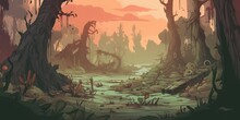 A Strange And Mysterious Forest With A Murky Swamp. Trees, Leaves, Roots And Other Flora Take Strange And Surreal Shapes In This Eerie Jungle. AI Generative
