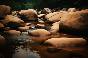 Poster - serene stream flowing through a vibrant green forest Generative AI