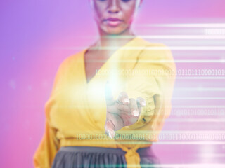 Poster - Touch, hologram and woman hand isolated on neon background in digital data, overlay and futuristic technology. Touchscreen, glow and person of holographic, cyber and system dashboard in studio