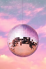 disco ball hanging on pink pastel dusk cloud background, made with generative ai