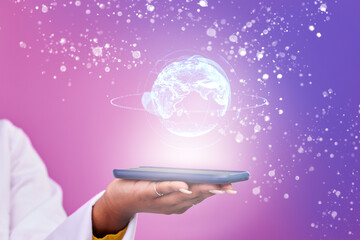 Poster - Woman, hand and phone with world hologram isolated on gradient background for worldwide network or global technology. Person in cellphone globe holographic, digital overlay and social media in studio