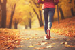 Back view of a woman jogging in autumn park, sport lifestyle, Generative AI