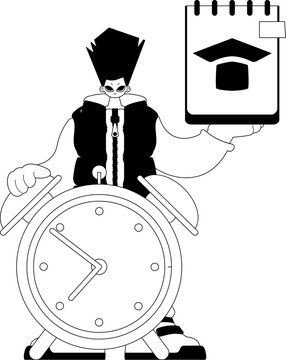 Individual with scratch cushion and caution clock. Learning theme. Dull and white line craftsmanship. Trendy style, Vector Illustration