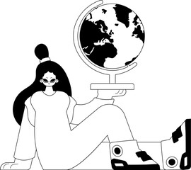 The energized woman with the globe. Learning subject. Pitiful and white line craftsmanship. Trendy style, Vector Illustration