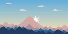 Colorful Simple Vector Pixel Art Horizontal Illustration Of Morning Mountain Landscape In Retro Platformer Style