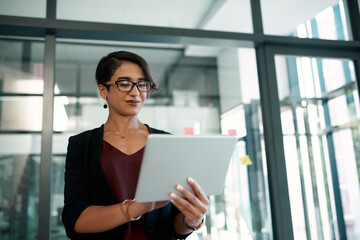 Poster - Work, planning and a woman with a tablet for project management, research and ideas on the internet. Smile, email and a corporate employee reading on technology for business and digital networking