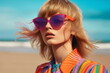 © Ricky - model wearing sunglasses on sandy beach with sun and wind, summer fashion editorial made with generative ai