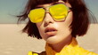 model wearing yellow sunglasses in desert with sun and wind, summer fashion editorial made with generative ai