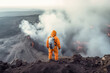 Volcanologist in fire-protective suit observing volcanic activities, view from above. Generative AI
