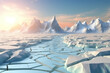 cracked ice floe pieces with big mountains behind background  global warming and environmental conditions 3D illustration render generative ai