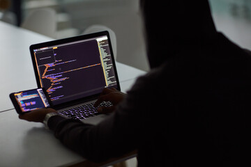 Aufkleber - Hacker, code and programming with person and laptop for ransomware, cyber security and phishing. Coding, technology and crime with programmer typing for fraud, network system and data scam at night
