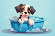 Generative AI cartoon-style illustration depicting a cute dog taking a bath full of soap suds.