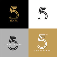 5 Years Anniversary Vector Number Icon, Birthday Logo Label, Black, White And Colors Stripe Number