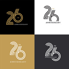 26 years anniversary vector number icon, birthday logo label, black, white and colors stripe number