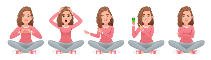 Wall Mural - Set of a beautiful happy girl sits cross-legged with a smartphone in her hand, folds her palms in the shape of a heart. White slender woman sits in a lotus position, thinks over something