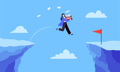Businesswoman jumps over the abyss across the cliff flat style design vector illustration. Business concept of fearless businesswoman with courage. Risk, goal achievement, work obstacles and success.