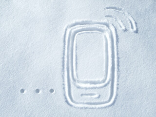 Poster - Illustration, phone and snow drawing with no people and outdoor ground showing digital signal. Communication, mobile screen and internet connection graphic art and sign on floor of snowing and ice