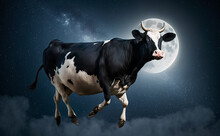 Cow Flies Against The Background Of Moon And Stars In Night Sky. Concept Of Children's Dreams. Generative AI Illustration