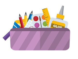 school, office stationery in pencil case. calculator, pencils, tube of glue, paints, notebook, calendar. education supplies for children study. vector cartoon flat items