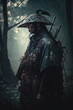 © alexkoral - old samurai warrior in traditional Japanese armor in forest in rain. Generative AI illustration