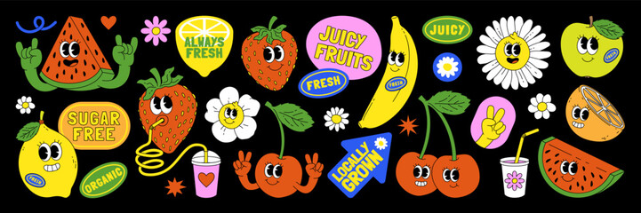 fruit retro funky cartoon stickers. comic character of cherry strawberry banana watermelon, slogan, 