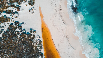 Wall Mural - Aerial view of where the river meets the sea. Vibrant orange and dark river meet turquoise sea waves on beach in Western Australian town called Guilderton.