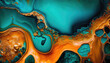 © RocknRoller Studios - Beautiful Teal and Orange Paint Swirls with Gold Powder. Elegant Acrylic Pour Background. Generative AI.