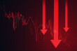 Economy crisis and stock market crash concept with moving down digital red financial chart candlestick and graphs and three big arrows on dark background. 3D Rendering
