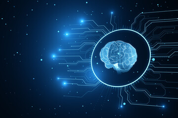 Poster - Artificial intelligence, data mining and machine learning concept with digital neon style human brain on dark blue background with microcircuit. 3D rendering