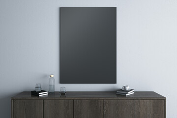 Aufkleber - Modern wooden TV shelf with items and empty black mock up banner on light wall background. Interior design and living room with place for advertisement concept. 3D Rendering.