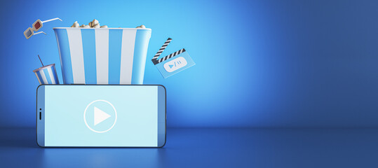 Poster - Creative blue online movie theater background with wide mock up place, smartphone, pop corn and other items. Multimedia application service. 3D Rendering.