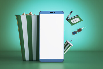 Aufkleber - Creative green online movie theater background with mock up smartphone, pop corn and other items. Multimedia application service. 3D Rendering.