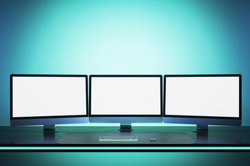Poster - Abstract blue workplace with three empty white mock up computer monitors. Office concept. 3D Rendering.