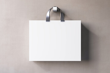 Poster - Shopping or present concept with front view on blank white paper bag with silver handles and place for company logo or advertising text on light beige wall background. 3D rendering, mockup