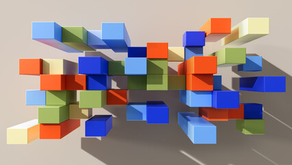 Wall Mural - 3d render illustration - Geometric background. Abstract wallpaper with brightly colored geometric 3D shapes. A lot of small cubes. Great for your design web or print projects.