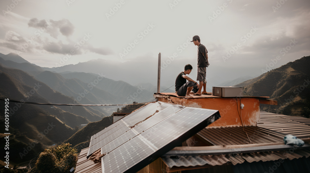 Installing electric solar panels on roof of tiny house, wooden cabin. Generative AI.