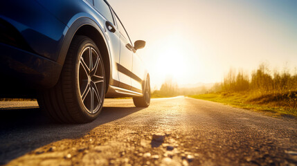 Canvas Print - Close up of car on road with the sun in the background. Generative AI.