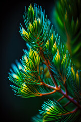 Sticker - Close up of pine tree branch with green and yellow leaves on it. Generative AI.