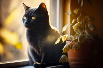 Canvas Print - Black cat sitting on window sill next to potted plant. Generative AI.