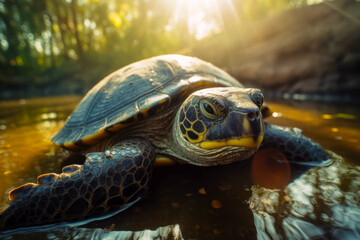 Canvas Print - Close up of turtle on body of water with trees in the background. Generative AI.