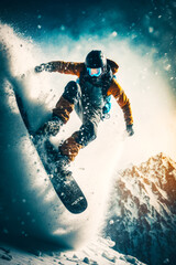 Wall Mural - Man riding snowboard down the side of snow covered slope. Generative AI.