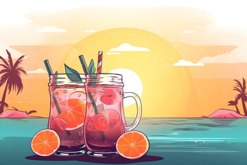 Sticker - Couple of glasses filled with drinks sitting on top of sandy beach. Generative AI.