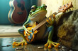 Frog playing guitar while sitting on rock next to guitar. Generative AI.
