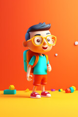 Sticker - Little boy with glasses and backpack standing in front of bright orange background. Generative AI.