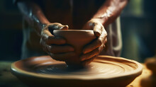 Potter's Hands On Potter's Wheel Making Bowl. Generative AI.