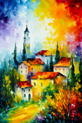 Canvas Print - Image of village with trees and clock tower in the background. Generative AI.