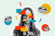 © deagreez - Creative abstract template graphics collage image of stressed depressed lady listening bullying messages isolated colorful background