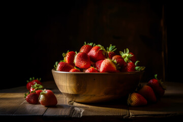 Poster - Wooden bowl filled with lots of ripe strawberries on top of table. Generative AI.